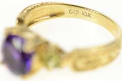 10K Yellow Gold Amethyst Peridot Ornate Scroll Design Ring