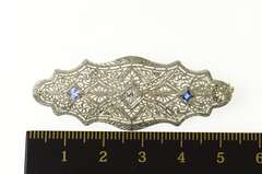 14K White Gold Diamond Syn. Sapphire Art Deco Filigree Pin/Brooch