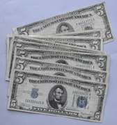 2 Each 1934 A  1934  D  1953 A & 1953 B Series $5 Silver Certificates.