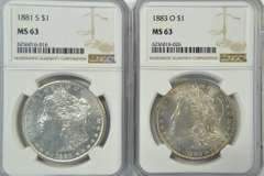 Choice BU 1881-S & 1883-O Morgan Silver Dollars. NGC MS63