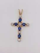 14kt Gold, Blue Sapphire, & Diamond Cross Pendant