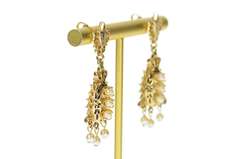 14K Yellow Gold Ornate Pearl Dangle Black Enamel Statement Earrings