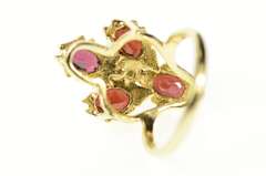 14K Yellow Gold Ornate Garnet Elaborate Cluster Chevron Ring
