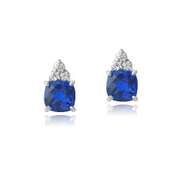 Sterling Silver 2ct Created Blue Sapphire & CZ Cushion Cut Stud Earrings