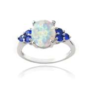 Sterling Silver Created White Opal & Blue Sapphire Oval Ring
