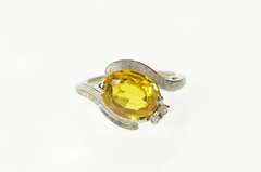 10K White Gold Oval Syn. Citrine CZ 1960's Textured Bypass Ring