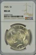 Blazing near Gem BU 1925 Peace Silver Dollar. NGC MS64