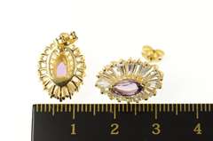 14K Yellow Gold Marquise Amethyst CZ Baguette Halo Stud Earrings