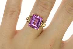 10K Yellow Gold Emerald Syn. Pink Topaz Retro Statement Ring