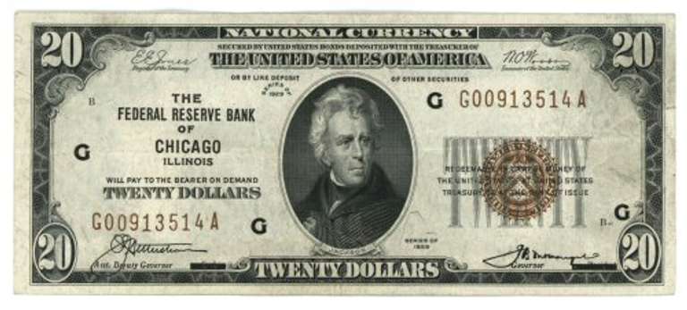 Very nice 1929 Series $20 National Currency Note of Chicago (G)