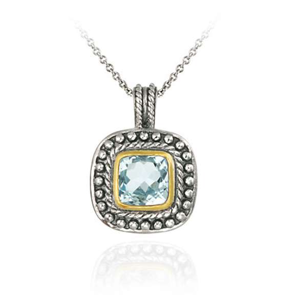 Sterling Silver Two Tone Designer Inspired Blue Topaz Square Pendant w/ Beaded Border