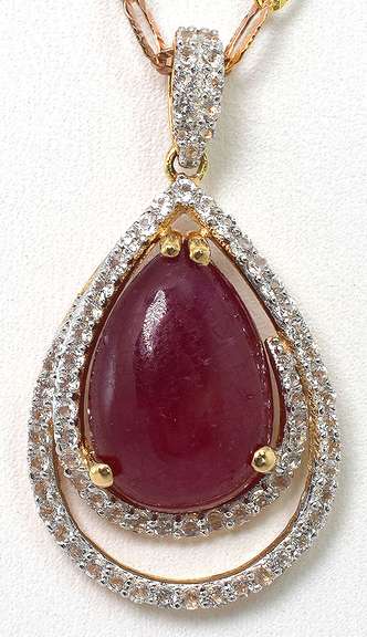 Juicy Massive 11.00CTS Pear Cabochon Cut Natural Star Ruby & White Sapphire Necklace in Sterling Silver