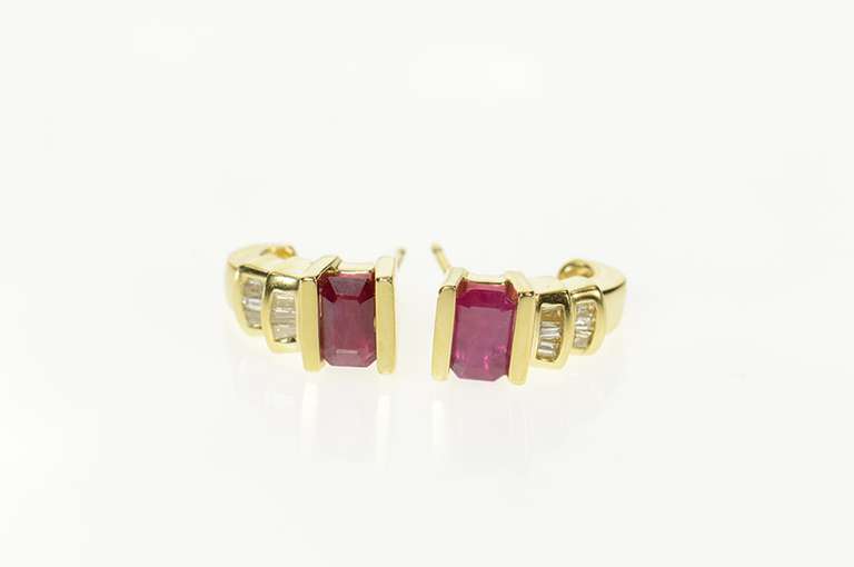 14K Yellow Gold Emerald Cut Ruby Diamond Semi Hoop Stud Earrings