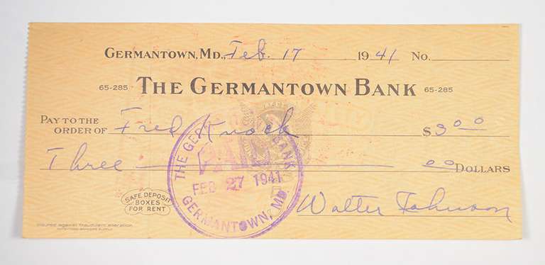 Walter Johnson Washington Senators Signed/Autographed Bank Check 1941