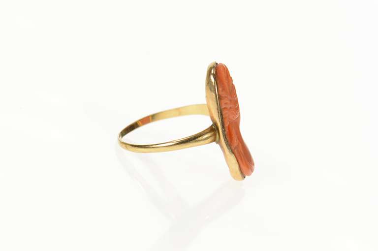 10K Yellow Gold Carved Coral Ornate Victorian Lady Cameo Ring