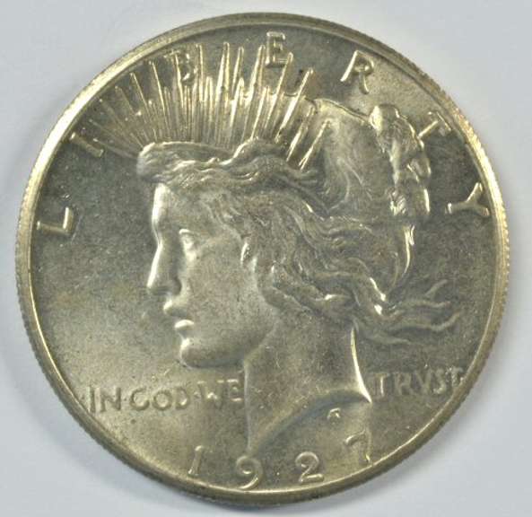 Scarce Choice BU 1927-D Peace Silver Dollar. Real nice