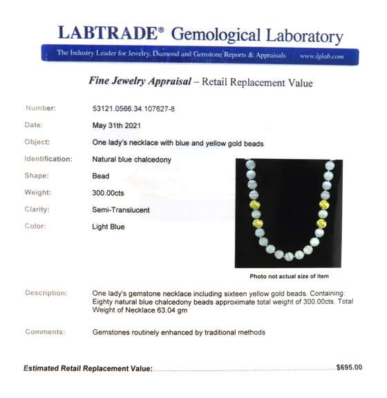 Majestic Blue Chalcedony Beads with Yellow Gold Beads Nekclace