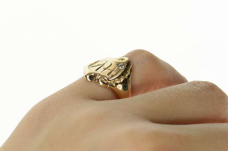 14K Yellow Gold AH Art Nouveau Etched Initial Diamond Ring