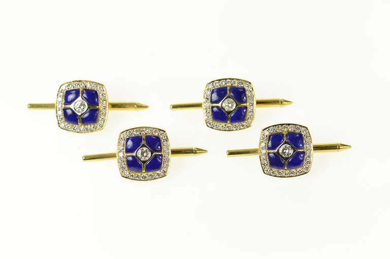 18K Yellow Gold Squared Lapis Lazuli Diamond Tuxedo Stud Cuff Links