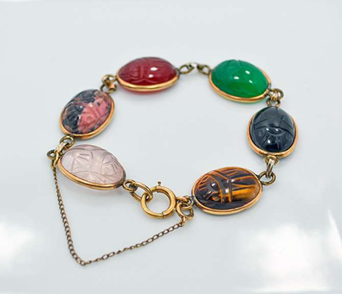 Vintage 12K Gold Filled Natural Stone Scarab Link Bracelet
