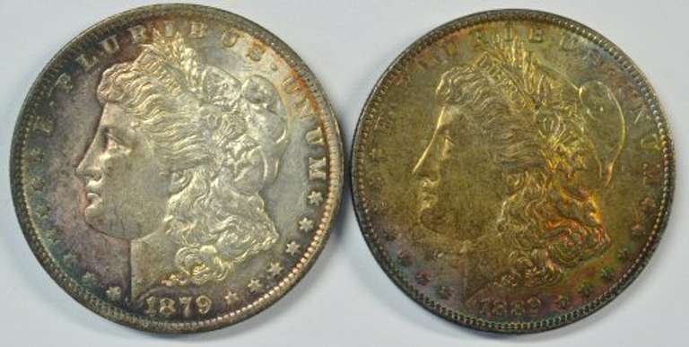2 Outstanding Rainbow toned Morgan Dollars: 1879-S & 1889