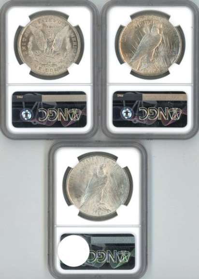 Choice BU 1921 to 1923 Silver Dollars. NGC MS63 holders