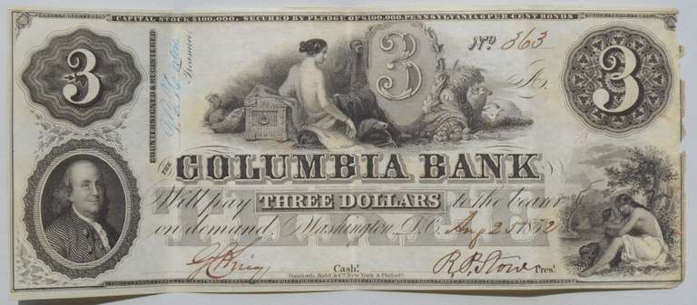 $ 3 Columbia Bank Washington DC 1852 Note