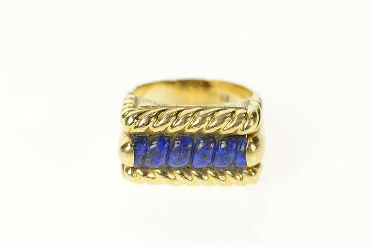14K Yellow Gold Retro Carved Lapis Lazuli Squared Rope Ring