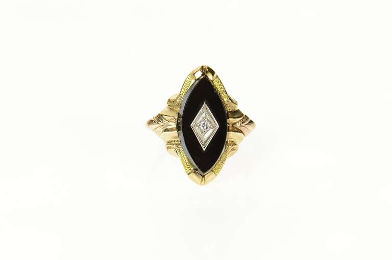10K Yellow Gold Marquise Black Onyx Diamond Statement Ring
