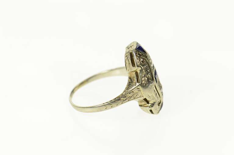 18K White Gold Art Deco Diamond Syn. Sapphire Filigree Ring