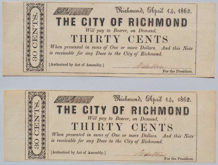 2 30 Cent City Of Richmond Confederate States / Va Note