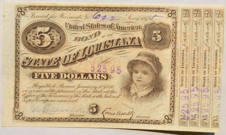 $ 5 State of Louisiana Brown Ink Baby Bond