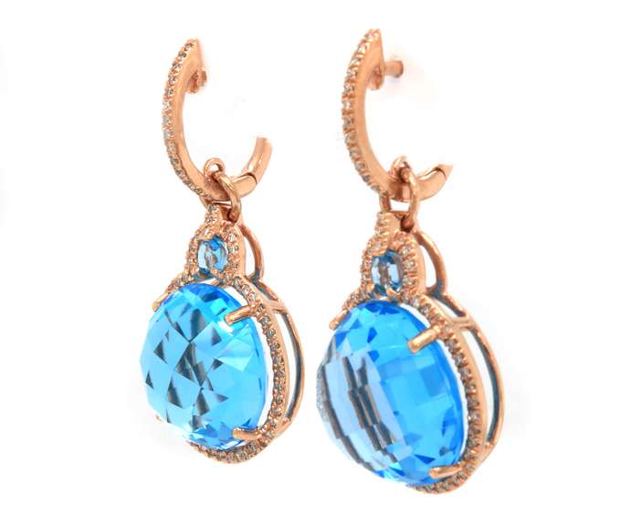 Stunning 14kt YG Blue Topaz and Diamond Halo Dangle Earrings