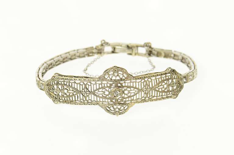 14K White Gold Diamond Ornate Art Deco Filigree Statement Bracelet