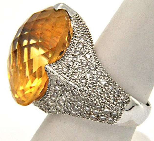 One of the Kind Special hand made Designed 18KT white gold Citrine and Diamond Ring