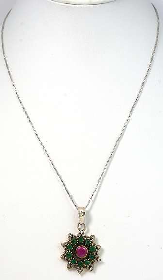 Colorful 10-Point Star Necklace with Ruby, Emeralds, & CZ in Sterling Silver