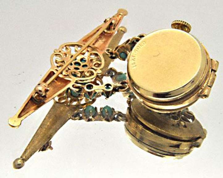 14 KT GENEVA WATCH PIN WITH TURQUOISE ACCENTS