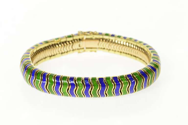 14K Yellow Gold 1960's Green Blue Enamel Wavy Chunk Bracelet