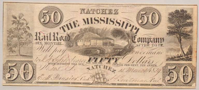 $ 50 Mississippi Railrord Co Natchez March 13 1839 Note