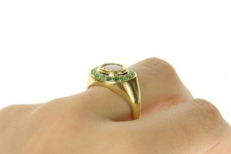 14K Yellow Gold Natural Opal Emerald Halo Retro Statement Ring