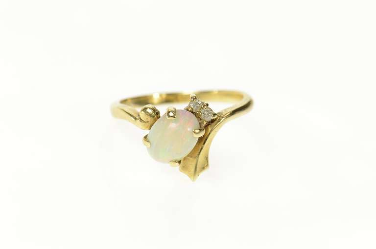 14K Yellow Gold Retro Ornate Opal Diamond Accent Bypass Ring