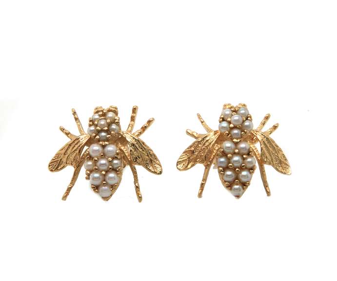 Whimsical 14kt YG White Pearl Accented Bee Shaped Earrings