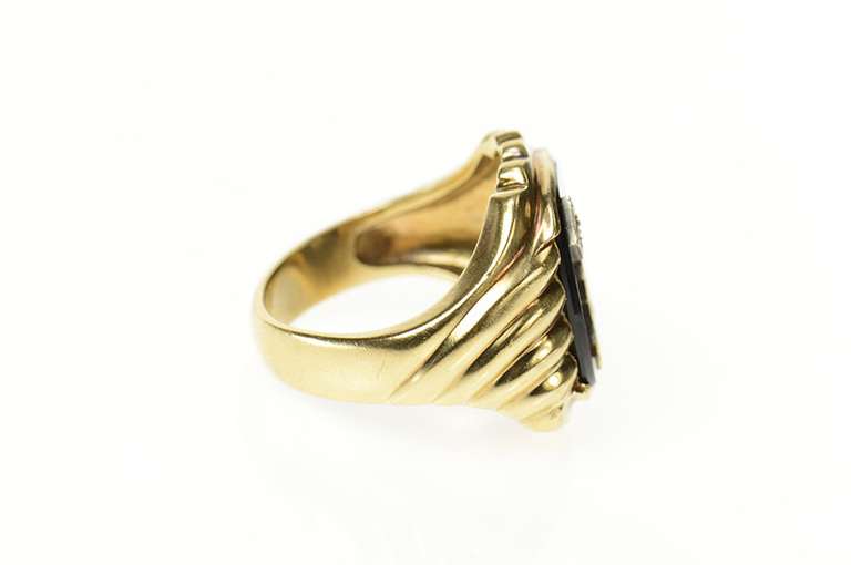 10K Yellow Gold Black Onyx Diamond A Monogram Initial Ornate Ring
