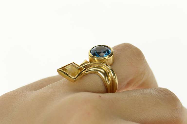 14K Yellow Gold Retro Ornate Blue Topaz Citrine Statement Ring