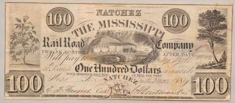 $ 100 Mississippi Railroad Co Natchez May 30 1839 Note