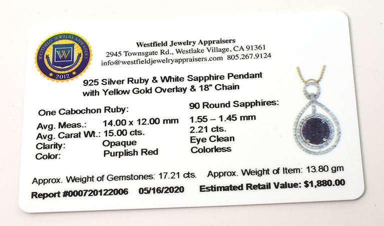 Darling Massive 15.00CTS Natural Cabochon Star Ruby & White Sapphire Necklace in Vermeil