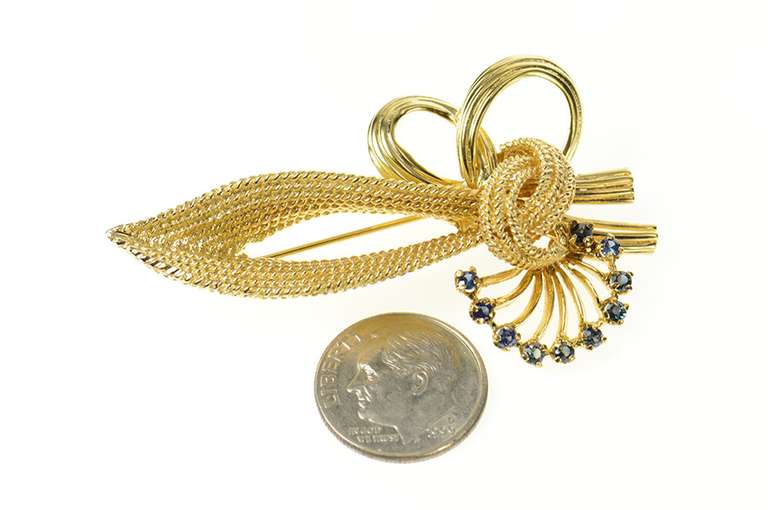 14K Yellow Gold Retro Sapphire Ornate Bow Knot Statement Pendant