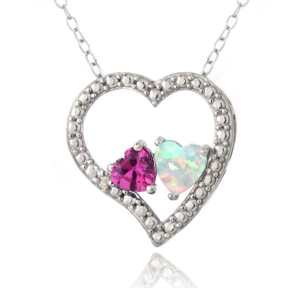 Sterling Silver Diamond Accent Created Pink Sapphire & White Opal 3 Floating Heart Necklace
