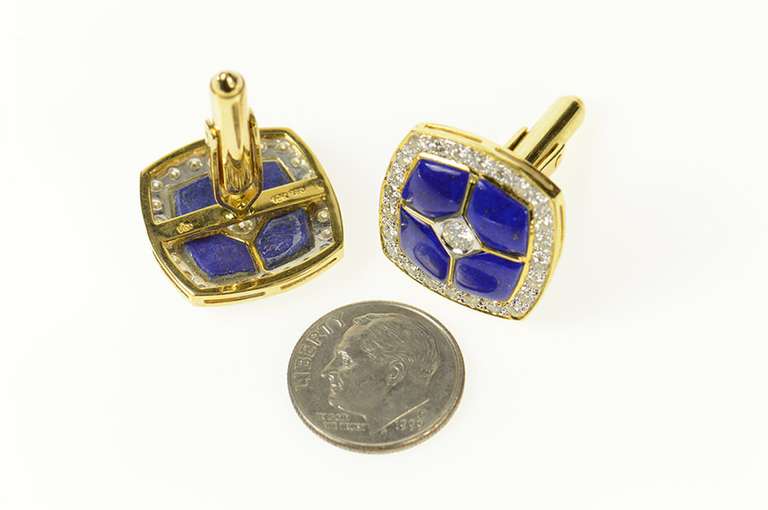 18K Yellow Gold Squared Lapis Lazuli Diamond Ornate Tuxedo Cuff Links