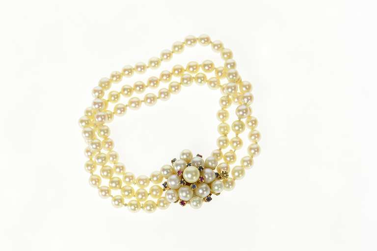 14K Yellow Gold 1950's Layered Pearl Flower Cluster Clasp Bracelet